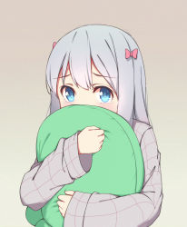 Rule 34 | 10s, 1girl, blue eyes, blush, bow, covering own mouth, eromanga sensei, hair bow, highres, hugging object, izumi sagiri, long hair, looking at viewer, pajamas, pink bow, qingchen (694757286), silver hair, sleeves past wrists, solo, stuffed animal, stuffed octopus, stuffed toy, tears