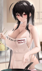 Rule 34 | 1girl, :q, absurdres, ahoge, apron, azur lane, bare arms, bare shoulders, black hair, blurry, blurry background, blush, breasts, chopsticks, cleavage, closed mouth, collarbone, crossed bangs, english text, fouriasensei, hair between eyes, highres, holding, holding chopsticks, indoors, jewelry, large breasts, long hair, looking at viewer, manjuu (azur lane), naked apron, red eyes, ring, side ponytail, sideboob, smile, solo, taihou (azur lane), tongue, tongue out
