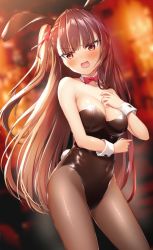 Rule 34 | 1girl, animal ears, arm across waist, bad id, bad twitter id, bare shoulders, blurry, blurry background, blush, bow, bowtie, braid, breasts, brown pantyhose, cleavage, detached collar, fake animal ears, fake tail, french braid, girls&#039; frontline, hair ribbon, half updo, hand up, head tilt, indoors, large breasts, leotard, long hair, looking at viewer, one side up, open mouth, pantyhose, playboy bunny, purple hair, rabbit ears, rabbit tail, red eyes, red ribbon, ribbon, shiny clothes, solo, suyamori, sweatdrop, tail, very long hair, wa2000 (girls&#039; frontline), wrist cuffs