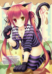 Rule 34 | 1girl, absurdres, all fours, animal ears, animal hands, blush, breasts, cat ears, cat tail, cleavage, collarbone, dated, hair ribbon, hanging breasts, heterochromia, highres, hood, hoodie, long hair, looking at viewer, medium breasts, original, red eyes, red hair, red ribbon, ribbon, smile, solo, striped clothes, striped hoodie, striped thighhighs, tail, tail ornament, tail ribbon, takano yuki (allegro mistic), thighhighs, twintails, yellow eyes, zettai ryouiki