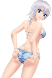 Rule 34 | 1girl, absurdres, ass, bikini, blue eyes, breasts, fairy tail, highres, large breasts, lisanna strauss, looking at viewer, looking back, open mouth, short hair, silver hair, smile, solo, swimsuit, transparent background