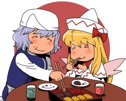 Rule 34 | 2girls, apron, blonde hair, blue dress, capelet, chopsticks, cup, dress, eating, closed eyes, female focus, food, food on face, hat, letty whiterock, lily white, long hair, long sleeves, multiple girls, bento, onikobe rin, shirt, short hair, silver hair, smile, table, teacup, touhou, waist apron, white dress, yunomi