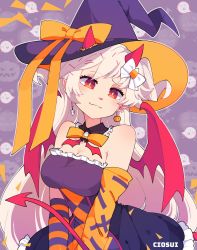 Rule 34 | 1girl, asymmetrical gloves, black hat, blonde hair, bow, breasts, bright pupils, ciosuii, cleavage, closed mouth, demon girl, demon horns, demon tail, diamond-shaped pupils, diamond (shape), earrings, elbow gloves, gloves, hat, hat bow, highres, horns, jewelry, large breasts, long hair, mismatched gloves, orange bow, original, red eyes, smile, solo, symbol-shaped pupils, tail, white pupils, witch hat