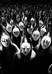 Rule 34 | 6+boys, artist name, black sperm, commentary, crowd, english commentary, glowing, glowing eyes, greyscale, grin, highres, looking at viewer, monochrome, multiple boys, one-punch man, smile, the golden smurf