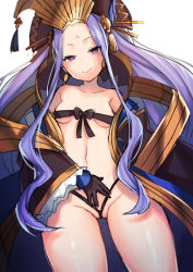 Rule 34 | 1girl, anoshabu, bare shoulders, black gloves, black ribbon, blush, bow, bow bra, bra, breasts, chinese clothes, crown, earrings, facial mark, fate/grand order, fate (series), forehead, forehead mark, gloves, hanfu, jewelry, long hair, long sleeves, looking at viewer, navel, panties, parted bangs, purple eyes, purple hair, revealing clothes, ribbon, ribbon bra, shawl, simple background, small breasts, smile, solo, string panties, tassel, thighs, underwear, very long hair, white background, wide sleeves, wu zetian (fate)