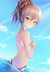 Rule 34 | 1girl, back, bikini, bikini bottom only, blue sky, blush, brown eyes, closed mouth, covering privates, covering breasts, cowboy shot, day, dutch angle, embarrassed, from side, frown, hair ornament, hair scrunchie, idolmaster, idolmaster cinderella girls, jougasaki mika, looking at viewer, looking to the side, nannacy7, ocean, outdoors, partially submerged, pink hair, ponytail, purple bikini, scrunchie, short hair, sky, solo, swimsuit, topless, v-shaped eyebrows, wading, water