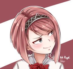 Rule 34 | 10s, 1girl, absurdres, ark royal (kancolle), artist name, bad id, bad pixiv id, blue eyes, blush, bob cut, character name, dated, highres, jacket, kantai collection, looking to the side, multicolored background, plasbott, portrait, red hair, red ribbon, ribbon, smile, smug, solo, tiara, white jacket