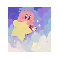 Rule 34 | bandaid, blue background, blush stickers, border, cloud, commentary request, flying, full body, higa423, kirby, kirby (series), nintendo, red footwear, shoes, sneakers, solo, star (symbol), warp star, white border