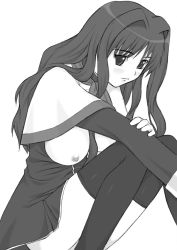 Rule 34 | 1girl, breasts, greyscale, kanon, large breasts, long hair, misaka kaori, monochrome, nipples, open clothes, school uniform, shichimenchou, simple background, solo, squatting, thighhighs
