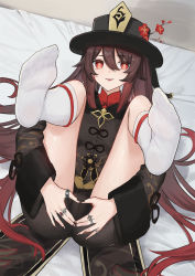 Rule 34 | 1girl, bed, black background, brown hair, chinese clothes, coat, flower, full body, genshin impact, gradient hair, hair between eyes, hat, highres, hu tao (genshin impact), jewelry, lim (ramu), long hair, multicolored hair, no shoes, porkpie hat, red eyes, ring, socks, star-shaped pupils, star (symbol), symbol-shaped pupils, twintails