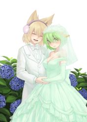 Rule 34 | 2girls, absurdres, alternate costume, bad id, bad pixiv id, blush, bow, bowtie, breasts, bridal veil, brown hair, chagen kokimu, cleavage, contemporary, dress, earmuffs, elbow gloves, closed eyes, female focus, flower, formal, gloves, green eyes, green hair, highres, holding hands, hydrangea, large breasts, leaf, multiple girls, open mouth, reverse trap, short hair, smile, soga no tojiko, suit, touhou, toyosatomimi no miko, traditional bowtie, tuxedo, veil, wedding, wedding dress, white suit, wife and wife, yuri