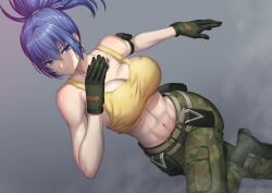 1girl abs arm_pouch bare_shoulders blue_eyes blue_hair boots breasts camouflage camouflage_pants cleavage closed_mouth combat_boots crop_top earrings gloves jewelry leona_heidern midriff miyai_sen muscular muscular_female navel pants ponytail soldier solo tank_top the_king_of_fighters the_king_of_fighters_xv triangle_earrings yellow_tank_top