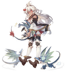 Rule 34 | 1girl, achan (blue semi), ahoge, blush, boots, bow, creature, dark-skinned female, dark skin, detached sleeves, dragon, full body, granblue fantasy, hair between eyes, hair bow, holding, holding creature, long hair, red bow, red eyes, simple background, smile, solo, tail, tail bow, tail ornament, thighhighs, white background, white hair, zooey (granblue fantasy)