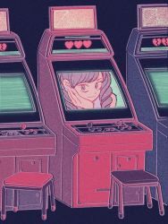 Rule 34 | 1girl, arcade, arcade cabinet, black background, commentary, controller, drill hair, heart, highres, joystick, long hair, looking at viewer, nail polish, original, purple hair, purple nails, screen, smile, solo, static, stool, swept bangs, uzuta