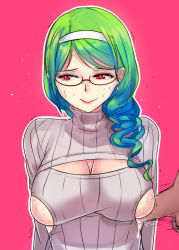 Rule 34 | 1girl, breasts, cleavage cutout, clothing cutout, cum, cum in clothes, frottage, glasses, green hair, hair over shoulder, hairband, kairos+, large breasts, long hair, looking away, meme attire, nervous smile, open-chest sweater, original, penis, penis to breast, penis under another&#039;s clothes, red eyes, ribbed sweater, side cutout, sideboob, smile, solo focus, sweat, sweater, turtleneck, upper body, wavy mouth