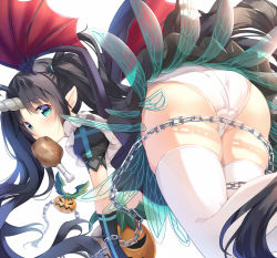 Rule 34 | 1girl, alexmaster, ass, beelzebub (sin nanatsu no taizai), beelzebub (the seven deadly sins), black hair, blue eyes, chain, chicken (food), demon girl, elbow gloves, food, food in mouth, from behind, gloves, head wings, highres, horn, horns, jack-o&#039;-lantern, long hair, panties, pantyshot, pointy ears, sin nanatsu no taizai, single horn, solo, the seven deadly sins, thighhighs, twintails, underwear, upskirt, white panties, white thighhighs, wings