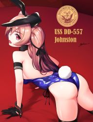 Rule 34 | 1girl, all fours, alternate costume, animal ears, ass, black gloves, black leotard, black thighhighs, brown hair, character name, detached collar, fake animal ears, gloves, highres, johnston (kancolle), kantai collection, leotard, long hair, looking at viewer, odachu, open mouth, playboy bunny, rabbit ears, rabbit tail, red background, solo, strapless, strapless leotard, tail, thighhighs