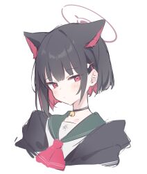 Rule 34 | 1227ree, 1girl, absurdres, animal ear fluff, animal ears, black choker, black hair, black jacket, blue archive, blush, cat ears, choker, closed mouth, colored inner hair, extra ears, green sailor collar, halo, highres, jacket, kazusa (blue archive), looking at viewer, multicolored hair, open clothes, open jacket, pink hair, pink halo, red eyes, sailor collar, short hair, simple background, solo, upper body, white background