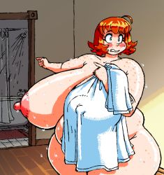 Rule 34 | 1girl, bathroom, bathtub, belly, blue eyes, breasts, fat, body freckles, freckles on breasts, gigantic breasts, holding, large areolae, nude, pointing, puffy nipples, red hair, short hair, shower, solo, thick thighs, thighs, towel, wet, wide hips, woot