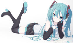 Rule 34 | 1girl, 39, bad id, bad pixiv id, bare shoulders, black footwear, black skirt, black sleeves, black thighhighs, blue eyes, blue hair, blue necktie, boots, closed mouth, collared shirt, commentary request, detached sleeves, hair between eyes, hatsune miku, head tilt, headphones, headset, high heel boots, high heels, highres, legs up, long hair, long sleeves, lying, necktie, on stomach, pleated skirt, shadow, shirt, shoe soles, skirt, sleeveless, sleeveless shirt, sleeves past wrists, smile, solo, thigh boots, thighhighs, tie clip, twintails, very long hair, vocaloid, white background, white shirt, wide sleeves
