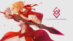 Rule 34 | 1girl, amekudaki, blonde hair, copyright name, dress, epaulettes, eye trail, fate/grand order, fate (series), floating hair, from side, glowing, glowing eye, green eyes, hair ribbon, highres, holding, holding sword, holding weapon, light trail, long sleeves, nero claudius (fate), nero claudius (fate) (all), nero claudius (fate/extra), parted lips, petals, red dress, ribbon, short hair, smirk, solo, spread fingers, sword, weapon, wide sleeves