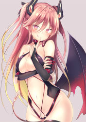 Rule 34 | 1girl, bad id, bad pixiv id, bare shoulders, black gloves, bluesy requiem, blush, breasts, bridal gauntlets, cleavage, collar, commentary request, crossed arms, demon girl, demon horns, demon tail, demon wings, elbow gloves, finger to mouth, full-face blush, gloves, headgear, heart, heart-shaped pupils, highres, horns, long hair, looking at viewer, medium breasts, multicolored hair, navel, open mouth, panties, phantasy star, phantasy star online 2, pink hair, pointy ears, red eyes, revealing clothes, simple background, smile, solo, string panties, symbol-shaped pupils, tail, thighhighs, tongue, tongue out, twintails, underwear, wings, yuano