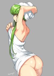 Rule 34 | 1girl, arm up, armpits, artist name, ass, bare shoulders, blush, breasts, c.c., code geass, creayus, eyebrows, green hair, grey background, holding, holding towel, long hair, naked towel, profile, shiny skin, sideboob, simple background, solo, thighs, towel, towel on head, walking, water, water drop, yellow eyes
