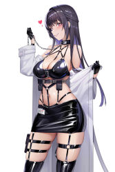 Rule 34 | 1girl, absurdres, bare shoulders, bikini, bikini top only, black bikini, black footwear, black gloves, black hair, black skirt, blush, boots, breasts, chain, chain leash, chest harness, cleavage, coat, collar, collarbone, commentary request, cowboy shot, gaosu gong lu, gloves, goddess of victory: nikke, harness, heart, heart-shaped pupils, highres, holding, holding chain, id card, large breasts, latex skirt, leash, leather, leather bikini, leather boots, leather skirt, long hair, long sleeves, looking at viewer, mihara (nikke), miniskirt, navel, o-ring, o-ring harness, o-ring top, off shoulder, parted lips, pencil skirt, pouch, purple eyes, sidelocks, simple background, skindentation, skirt, smile, solo, spiked collar, spikes, standing, stomach, swimsuit, symbol-shaped pupils, thigh boots, thigh pouch, white background, white coat