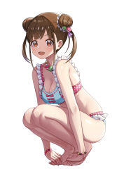 Rule 34 | 1girl, :d, bare arms, bare legs, bare shoulders, barefoot, bead bracelet, beads, blush, bra, bracelet, breasts, brown eyes, brown hair, cleavage, collarbone, double bun, feet, frills, full body, hair ornament, hands on feet, highres, idolmaster, idolmaster shiny colors, jewelry, long hair, looking at viewer, medium breasts, open mouth, panties, sidelocks, smile, solo, sonoda chiyoko, squatting, thighs, twintails, underwear, underwear only, ziko