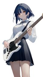 1girl absurdres arasaka_inu asymmetrical_sidelocks bass_guitar black_ribbon black_skirt blue_hair bocchi_the_rock! breasts collared_shirt commentary_request from_below hair_intakes hair_ornament highres holding holding_bass_guitar holding_instrument instrument long_sleeves looking_at_viewer medium_breasts neck_ribbon puffy_long_sleeves puffy_sleeves ribbon shirt shirt_tucked_in short_hair simple_background skirt solo white_background white_shirt yamada_ryo yellow_eyes