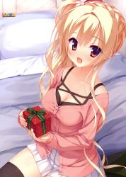 Rule 34 | 1girl, :d, absurdres, amairo islenauts, bed, black thighhighs, blonde hair, blouse, blush, box, breasts, brown eyes, cleavage, flower, full-face blush, gift, gift box, hair flower, hair ornament, highres, kobuichi, long hair, long sleeves, open mouth, pillow, shirley warwick, shirt, sitting, skirt, smile, solo, thighhighs, zettai ryouiki