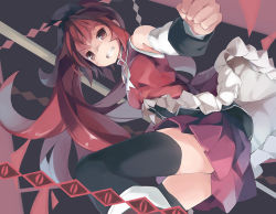 Rule 34 | 10s, 1girl, bare shoulders, black thighhighs, chain, clenched teeth, detached sleeves, huanxiang huifeng, long hair, magical girl, mahou shoujo madoka magica, mahou shoujo madoka magica (anime), nodata, pleated skirt, polearm, ponytail, red eyes, red hair, sakura kyoko, skirt, solo, spear, teeth, thighhighs, weapon