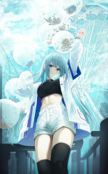 Rule 34 | 1girl, absurdres, aqua hair, arms up, balloon, black shirt, black thighhighs, blue eyes, breasts, crop top, ferris wheel, high-waist shorts, highres, jacket, long hair, long sleeves, looking at viewer, medium breasts, midriff, neiless neiro, open clothes, open jacket, original, outdoors, parted lips, shirt, short shorts, shorts, sleeveless, sleeveless shirt, solo, standing, thighhighs, thighs, very long hair, white jacket, white shorts