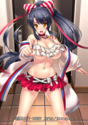 Rule 34 | 1girl, bare shoulders, black hair, blush, bow, breasts, choker, cleavage, company name, female focus, hair ribbon, large breasts, long hair, looking at viewer, microskirt, midriff, navel, no bra, official art, open mouth, original, pointing, pointing at viewer, ponytail, ribbon, ryuki@maguro-ex, shinwa taisen gilgamesh knight, skirt, solo, standing, underboob, very long hair, yellow eyes