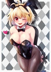 Rule 34 | 1girl, absurdres, alternate costume, animal ears, antenna hair, arcueid brunestud, arms behind back, bare shoulders, black bow, black leotard, black pantyhose, blonde hair, blush, bow, bowtie, breasts, cleavage, collarbone, commentary request, detached collar, fake animal ears, fake tail, fishnet pantyhose, fishnets, hair between eyes, heart, highres, large breasts, leotard, looking at viewer, one eye closed, open mouth, pantyhose, playboy bunny, rabbit ears, rabbit tail, red eyes, shimotsukishin, short hair, signature, single hair intake, smile, solo, strapless, strapless leotard, tail, tsukihime, tsukihime (remake), wrist cuffs