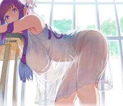 Rule 34 | 1girl, absurdres, bent over, breasts, curvy, dress, fern (sousou no frieren), hanging breasts, hews, highres, huge breasts, long hair, looking at viewer, see-through, solo, sousou no frieren, white dress