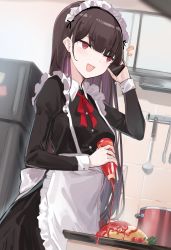 Rule 34 | 1girl, 7gao, apron, black dress, cellphone, collared dress, distracted, dress, earrings, food, highres, jewelry, juliet sleeves, ketchup, ketchup bottle, kitchen, long sleeves, maid, maid apron, maid headdress, neck ribbon, omelet, omurice, open mouth, original, pantyhose, phone, puffy sleeves, red eyes, red ribbon, refrigerator, resolution mismatch, ribbon, shirt, smartphone, solo, source smaller, spilling, standing, talking on phone, white apron