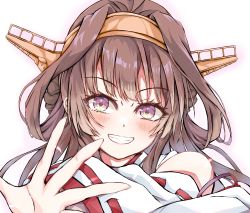Rule 34 | 1girl, absurdres, ahoge, brown hair, dairyo3, double bun, grin, hair bun, hairband, headgear, highres, japanese clothes, kantai collection, kongou (kancolle), long hair, looking at viewer, purple eyes, ribbon-trimmed sleeves, ribbon trim, simple background, smile, solo, upper body, white background