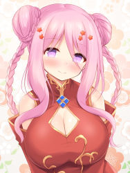 Rule 34 | 1girl, absurdres, bare shoulders, blush, braid, breasts, character request, cleavage, cleavage cutout, closed mouth, clothing cutout, commentary request, double bun, dress, floral background, flower, hair bun, hair flower, hair ornament, highres, iris mysteria!, large breasts, long hair, looking at viewer, pink hair, purple eyes, red dress, red flower, sleeveless, sleeveless dress, smile, solo, twin braids, twintails, yuu (yumezakura)