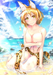Rule 34 | 10s, 1girl, animal ears, arm support, barefoot, beach, bikini, bikini pull, bird, blonde hair, blush, breasts, closed mouth, clothes pull, cloud, cloudy sky, commentary, covering privates, covering breasts, day, water drop, full body, head tilt, highres, kemono friends, large breasts, legs, lens flare, looking at viewer, mizuki kakeru, nipple slip, nipples, ocean, outdoors, print sarong, pulled by self, rock, sarong, seagull, seashell, serval (kemono friends), serval print, serval tail, shell, short hair, sitting, sky, smile, solo, sparkle, striped tail, sunlight, swimsuit, tail, wading, wet, white bikini, yellow eyes, yellow sarong, yokozuwari