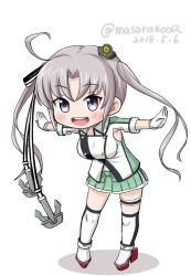 Rule 34 | 1girl, ahoge, akitsushima (kancolle), anchor, anchor hair ornament, commentary request, dated, full body, gloves, green skirt, grey hair, hair ornament, hair ribbon, hat, kantai collection, leaning forward, long hair, looking at viewer, masara (chuujou), mini hat, one-hour drawing challenge, one eye closed, open mouth, outstretched arms, pleated skirt, purple eyes, purple hair, ribbon, side ponytail, sidelocks, simple background, skirt, smile, solo, thighhighs, twitter username, white background, white gloves