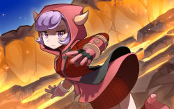 Rule 34 | 1girl, = (9 yawbus), commentary request, courtney (pokemon), creatures (company), dress, eyelashes, fake horns, game freak, gloves, highres, hood, hood up, horned headwear, horns, leg up, logo, looking at viewer, lava, night, nintendo, outdoors, pokemon, pokemon oras, purple eyes, purple hair, red dress, ribbed dress, short hair, sky, solo, sweater, sweater dress, team magma