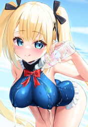 Rule 34 | 1girl, :q, alternate breast size, ass, azur lane, bare legs, bare shoulders, beach, bent over, black ribbon, blonde hair, blue eyes, blush, bottle, bow, bowtie, breasts, butt crack, covered erect nipples, cowboy shot, dead or alive, dead or alive xtreme, hair between eyes, hair ornament, hair ribbon, highres, humo, long hair, looking at viewer, marie rose, marie rose (devilish servant against the splashing waves), medium breasts, ocean, one-piece swimsuit, outdoors, red bow, red bowtie, ribbon, skin tight, smile, solo, spilling, swimsuit, teasing, thighs, tongue, tongue out, twintails, very long hair, water bottle, x hair ornament