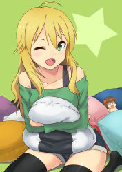 Rule 34 | 1girl, ;d, amami haruka, bare shoulders, black thighhighs, blonde hair, character doll, collarbone, green background, green eyes, hashi, holding, hoshii miki, idolmaster, idolmaster (classic), long hair, looking at viewer, nonowa, one eye closed, open mouth, pillow, sitting, smile, solo, star (symbol), thighhighs, wink