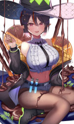 Rule 34 | 1girl, :d, absurdres, amahara subaru, bare shoulders, belt, black footwear, black hair, black hat, black jacket, breasts, brown pantyhose, chest harness, chocolate, commentary request, crop top, fang, frilled shirt, frills, grey shorts, hand up, harness, hat, highres, indie virtual youtuber, isonade orca, jacket, large breasts, long sleeves, looking at viewer, micro shorts, midriff, multicolored hair, nail polish, navel, off shoulder, open clothes, open jacket, open mouth, pantyhose, pointy ears, red eyes, revealing clothes, shirt, shoes, short hair, shorts, sidelocks, sitting, sleeveless, sleeveless shirt, smile, solo, stomach, streaked hair, test tube, thighband pantyhose, thighs, v-shaped eyebrows, virtual youtuber, white shirt, witch hat