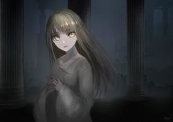 Rule 34 | 1girl, absurdres, breasts, brown eyes, brown hair, child, cleavage, collarbone, commentary request, dark, dress, grey dress, highres, indoors, looking at viewer, original, own hands together, parted lips, pillar, stairs, teeth, yoruneiges