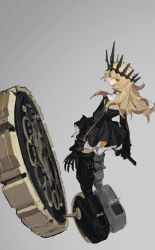 Rule 34 | 1girl, absurdres, black dress, black footwear, black rock shooter, blonde hair, boots, chariot (black rock shooter), claws, closed mouth, crown, dress, grey background, highres, jae0, long hair, long sleeves, looking at viewer, looking back, sketch, solo, thigh boots, thighhighs, wheel, yellow eyes