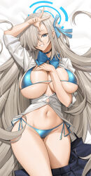 Rule 34 | 1girl, asuna (blue archive), bikini, black bow, black bowtie, black choker, black skirt, blue archive, blue bikini, blue eyes, bow, bowtie, breasts, choker, dakimakura (medium), grey hair, hair over one eye, halo, hand on own chest, highres, large breasts, long hair, navel, open mouth, partially unbuttoned, partially undressed, pleated skirt, shirt, side-tie bikini bottom, skirt, solo, swimsuit, tony guisado, v, very long hair, white shirt