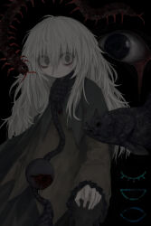 Rule 34 | 1girl, absurdres, black background, blouse, bug, centipede, closed mouth, dark, expressionless, eyeball, fish, frilled sleeves, frills, green skirt, grey hair, highres, horror (theme), komeiji koishi, long sleeves, looking to the side, medium hair, messy hair, no headwear, noose, reverinth, scared, shirt, skirt, solo, third eye, touhou, upper body, wide sleeves, yellow shirt