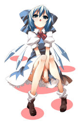 Rule 34 | 1girl, blue eyes, blue hair, bow, cirno, dress, female focus, full body, hair bow, hama chon, matching hair/eyes, short hair, solo, embodiment of scarlet devil, touhou, white background, wings